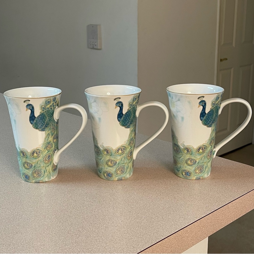 SUPER SALE 222 Fifth "Lakshmi" Porcelain Peacock Latte Mugs - Fine China - Set 3